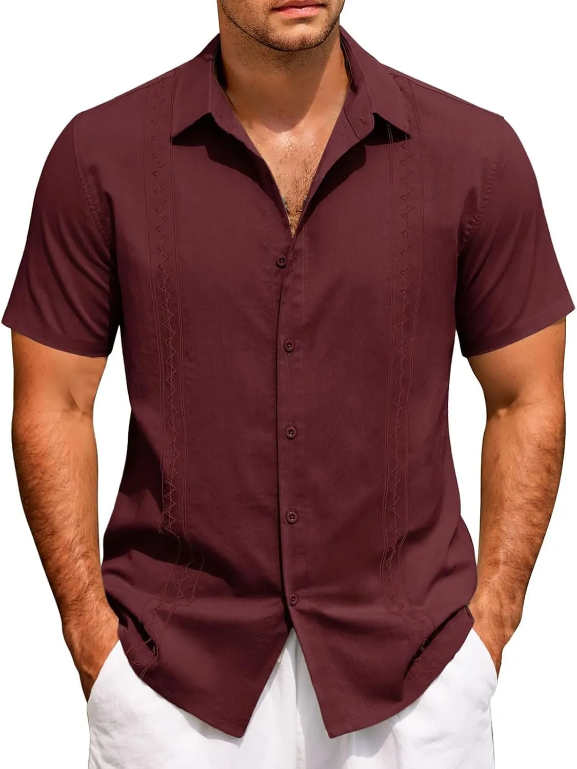 Hawaiian Shirt Men Casual Short Sleeve Button Down Beach Summer Wedding Shirt Casual Cotton Linen Solid Color Tee
