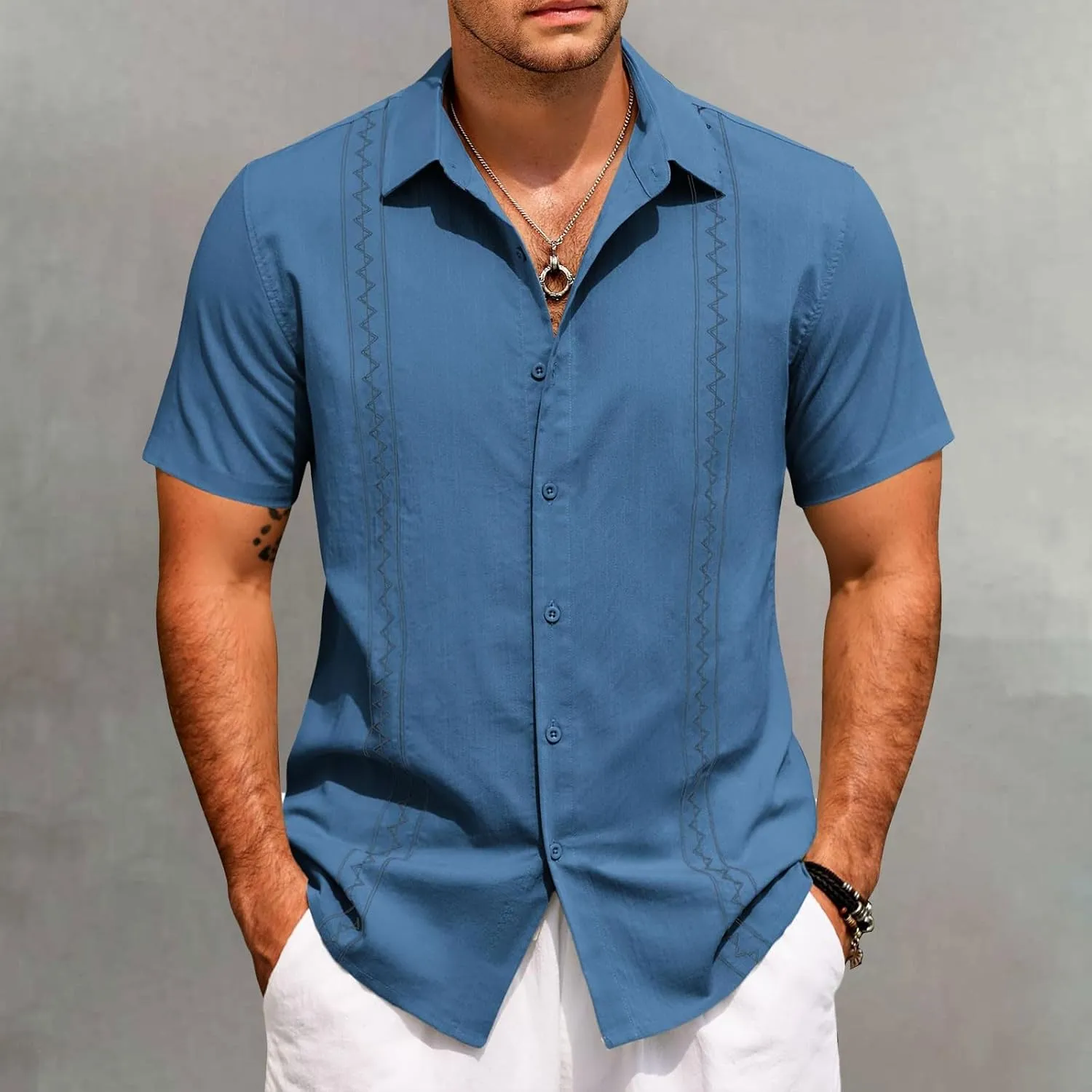 Hawaiian Shirt Men Casual Short Sleeve Button Down Beach Summer Wedding Shirt Casual Cotton Linen Solid Color Tee