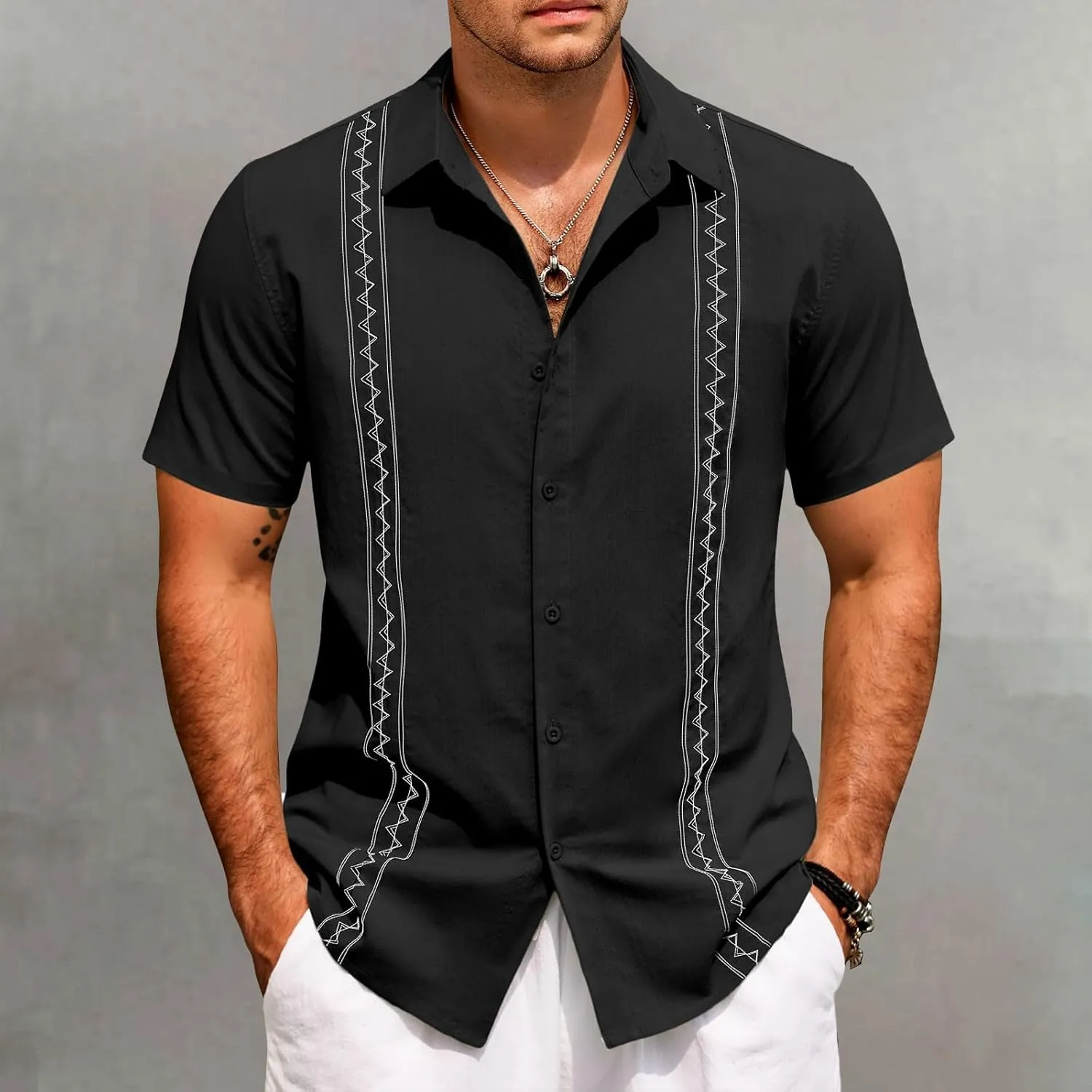Hawaiian Shirt Men Casual Short Sleeve Button Down Beach Summer Wedding Shirt Casual Cotton Linen Solid Color Tee