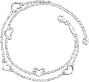 Heart Anklet for Women Sterling Silver, Minimalist Love Charm Ankle Bracelets, Adjustable Layered Heart Foot Chain Silver