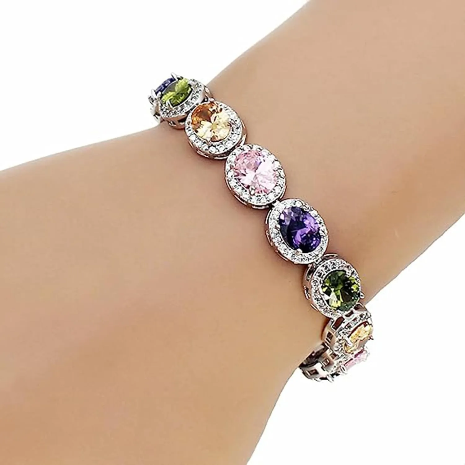 Hermosa Elegant Oval Gemstone Silver Bangle Bracelet with 1-Inch Extender Chain | Adjustable 7-8 Inches | Hypoallergenic Jewelry Gift for Women
