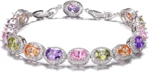 Hermosa Elegant Oval Gemstone Silver Bangle Bracelet with 1-Inch Extender Chain | Adjustable 7-8 Inches | Hypoallergenic Jewelry Gift for Women