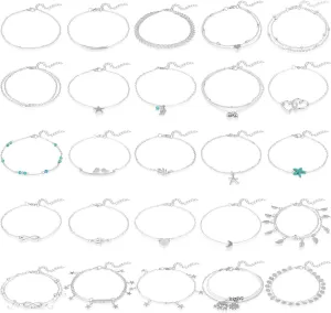 Hicarer 25 Pcs Silver Ankle Bracelets for Women Silver Anklets Ankle Chains Adjustable Beach Anklets Boho Foot Jewelry Set for Women Party Favor