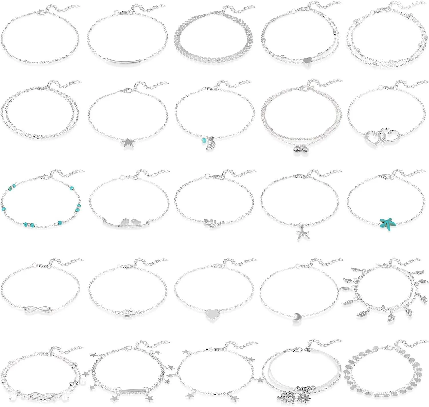 Hicarer 25 Pcs Silver Ankle Bracelets for Women Silver Anklets Ankle Chains Adjustable Beach Anklets Boho Foot Jewelry Set for Women Party Favor
