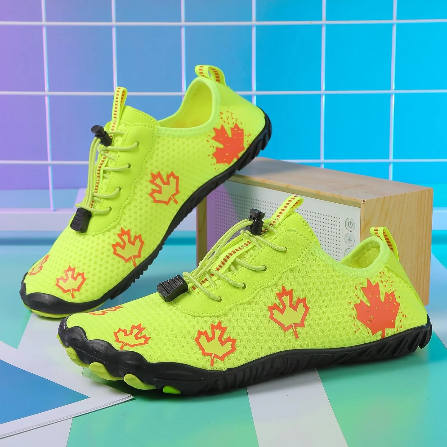 Hike Barefoot Shoes Women Men Non-Slip Athletic Footwear Wide Toe Box Shoes Grounded Footwear Maple Leaf Print Running Swimming Sneaker Quick Dry Hiking Shoe Lightweight Breathable Shoe