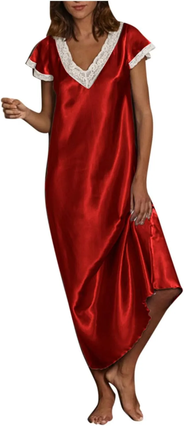 hlysgo Nightgowns for Women Plus Size Satin Pajama Lace Trim Short Sleeve V Neck Maxi Long Dress Loungewear Nightwear