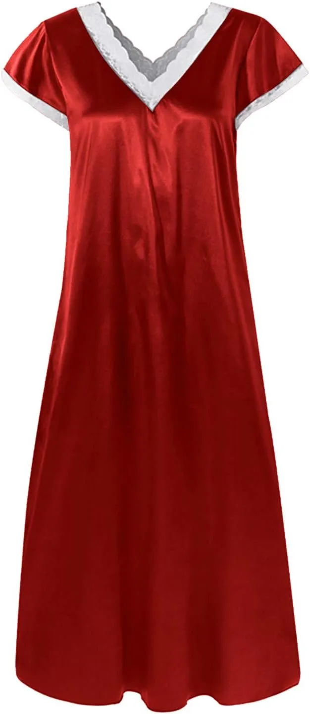 hlysgo Nightgowns for Women Plus Size Satin Pajama Lace Trim Short Sleeve V Neck Maxi Long Dress Loungewear Nightwear