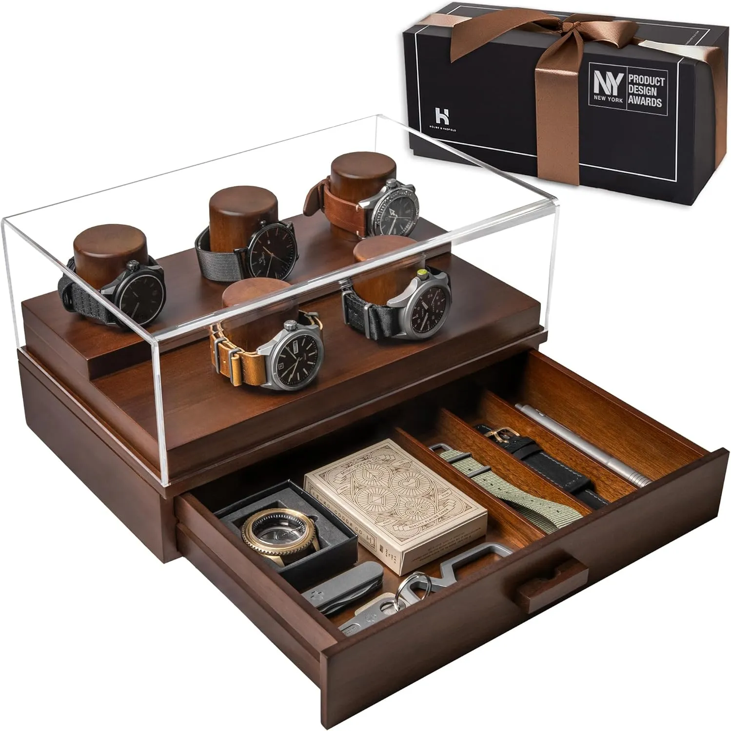 Holme & Hadfield Premium 5-Slot Wooden Watch Display Case with Lifetime Assurance  Handcrafted Mens Watch Box with Accessory Drawer  Fathers Day Gift for Collectors  Luxury Built to Last