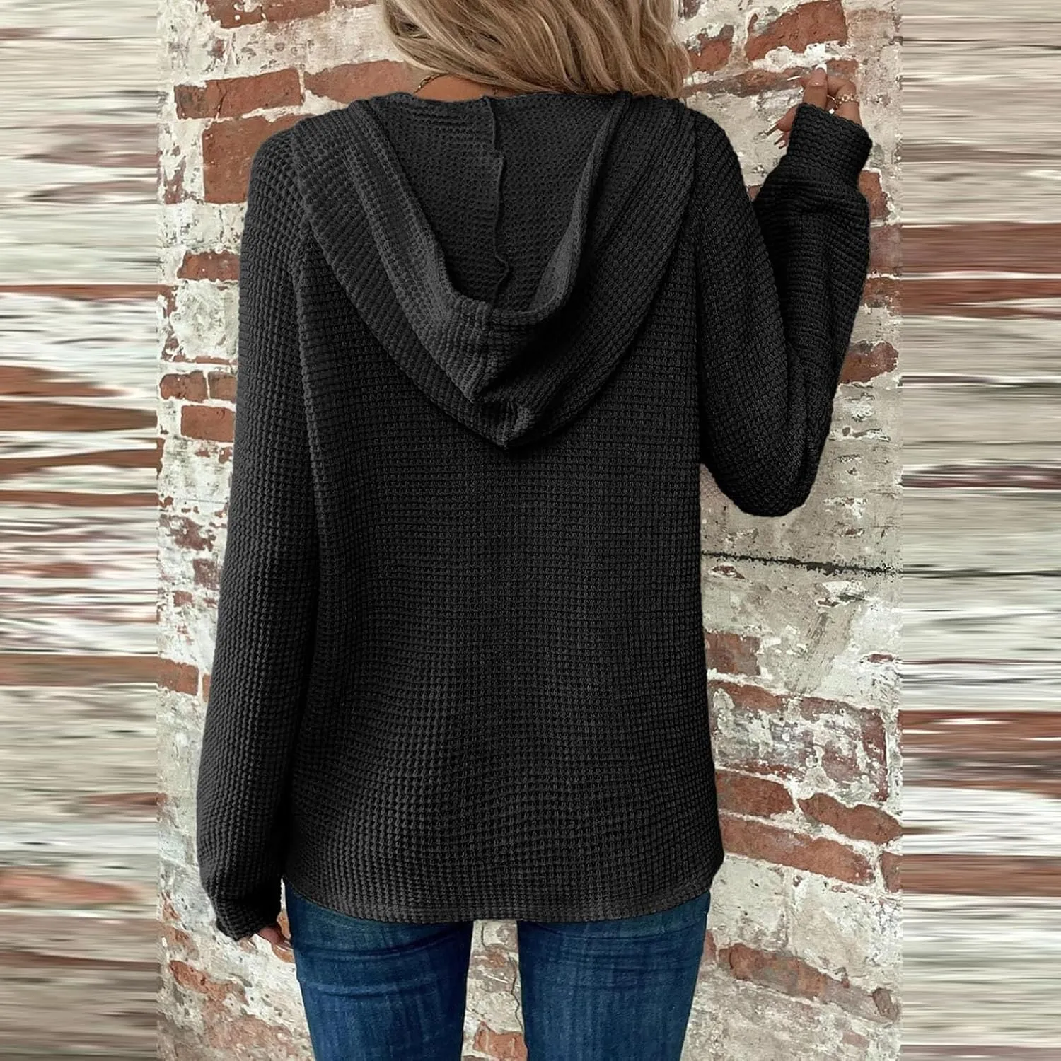 Hoodies for Women Button V Neck Waffle Knit Tops Raglan Long Sleeve Shirts Fall Casual Comfy Pullover Sweatshirt