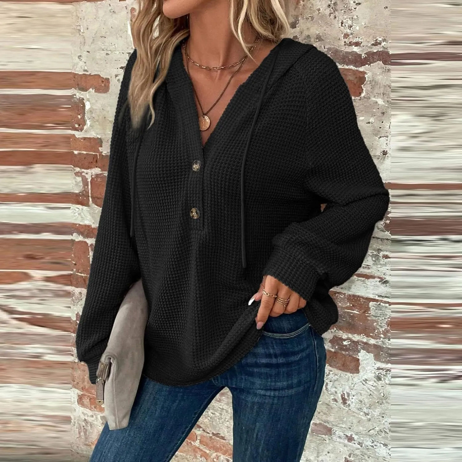 Hoodies for Women Button V Neck Waffle Knit Tops Raglan Long Sleeve Shirts Fall Casual Comfy Pullover Sweatshirt