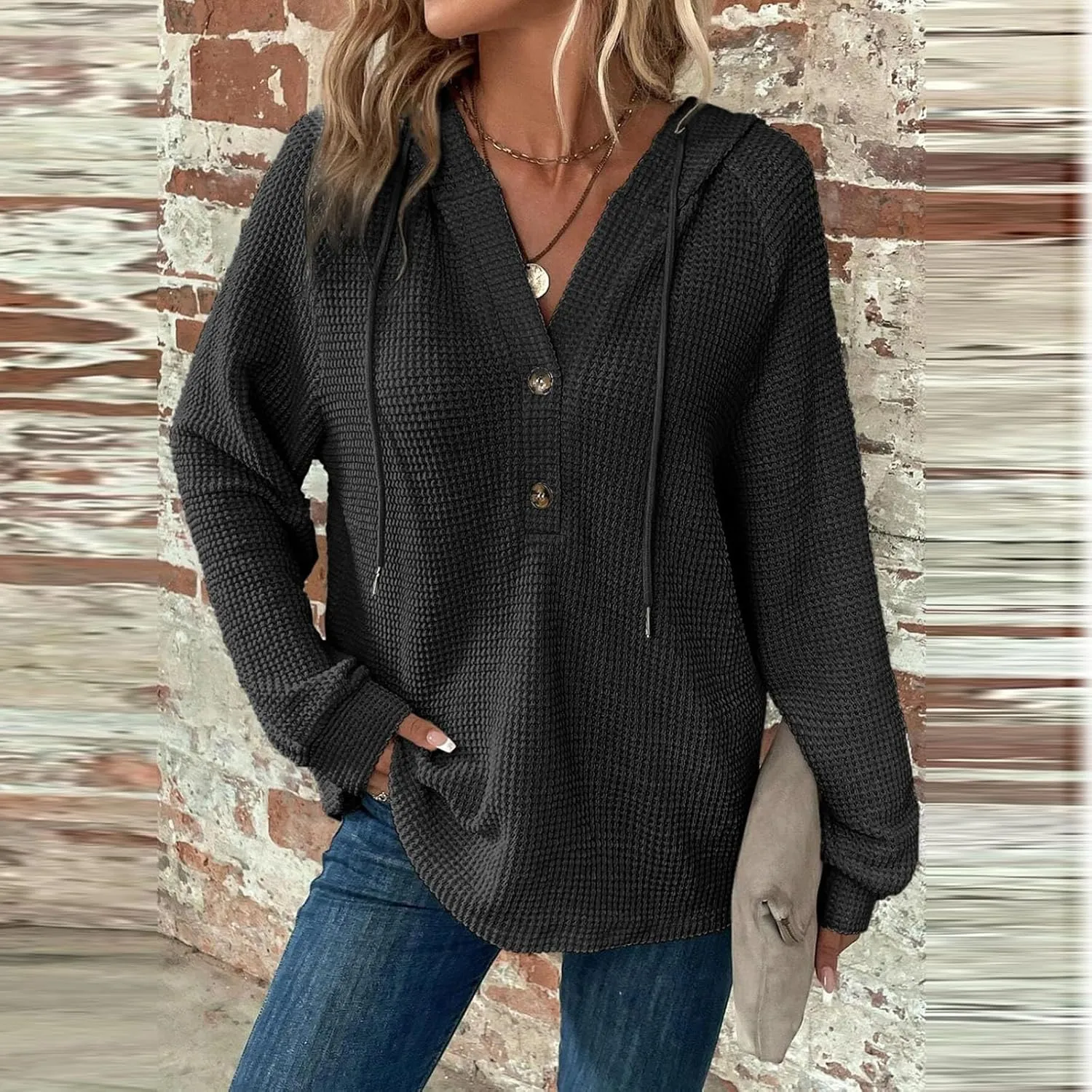 Hoodies for Women Button V Neck Waffle Knit Tops Raglan Long Sleeve Shirts Fall Casual Comfy Pullover Sweatshirt