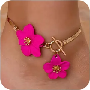 Hot Pink Flower Anklets for Women Boho Double Blossom Toggle Clasp Anklets Trendy Pink Rose Floral Petal Ankle Bracelets Summer Hawaiian Beach Chainlets Foot Jewelry Accessories