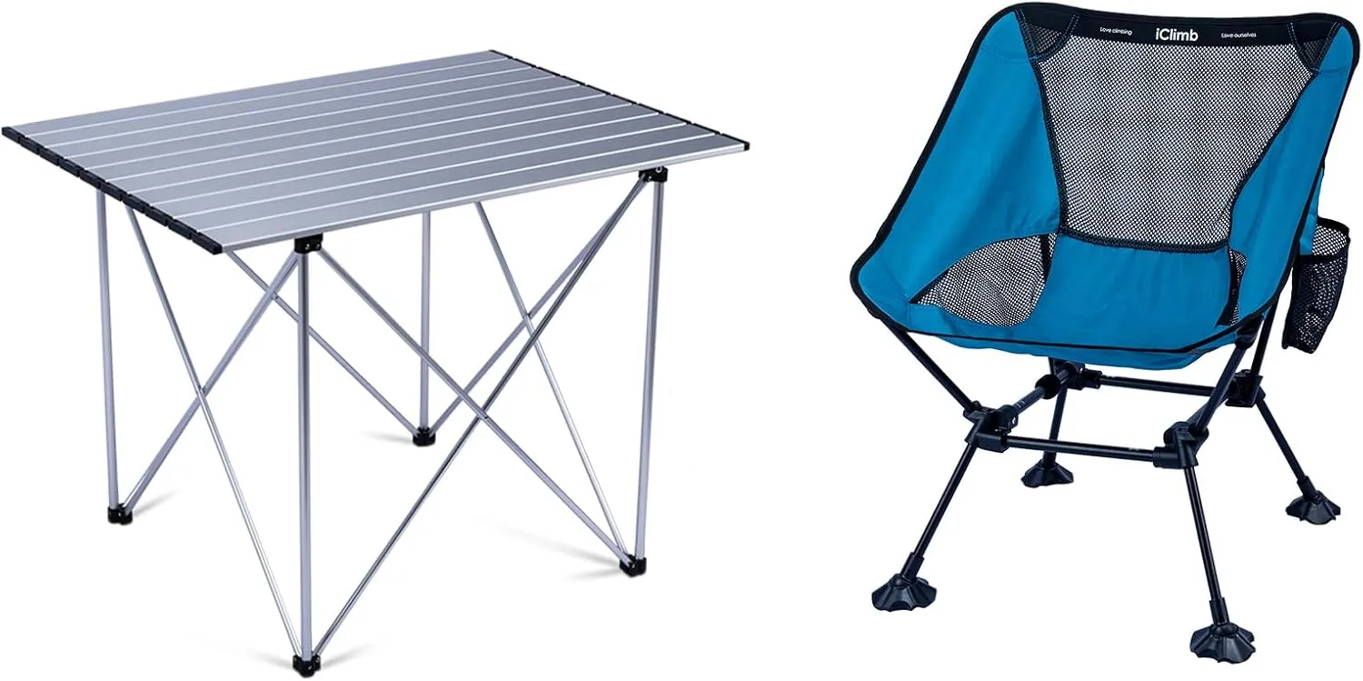 iClimb 1 Light Folding Table and 1 Ultralight Anti-Sinking Folding Chair Bundle for Adults Outdoor Camping Beach Concert