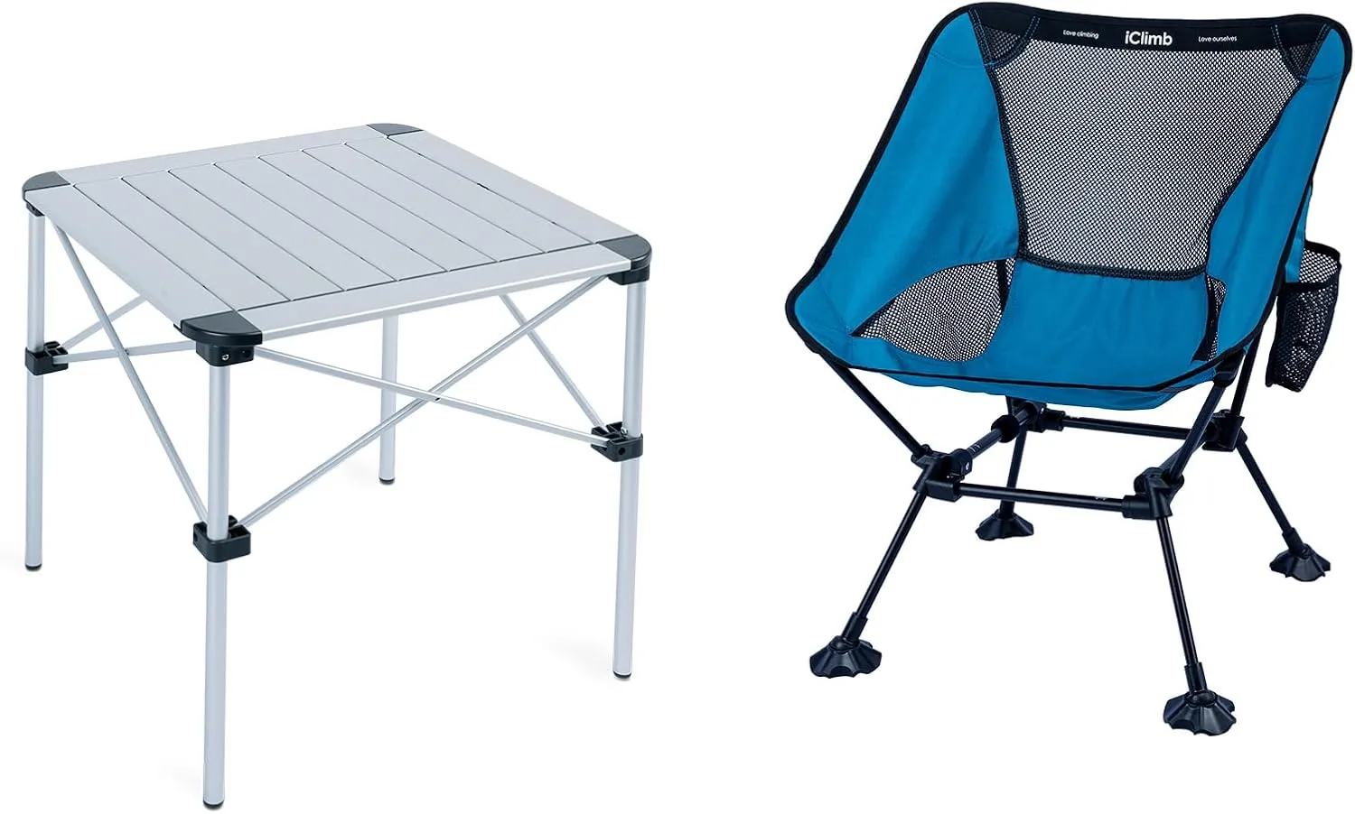 iClimb 1 Light Stable Folding Square Table and 1 Ultralight Compact Anti-Sinking Large Feet Chair Bundle, for Adults Outdoor Camping Glamping Beach Concert BBQ RV Travelling