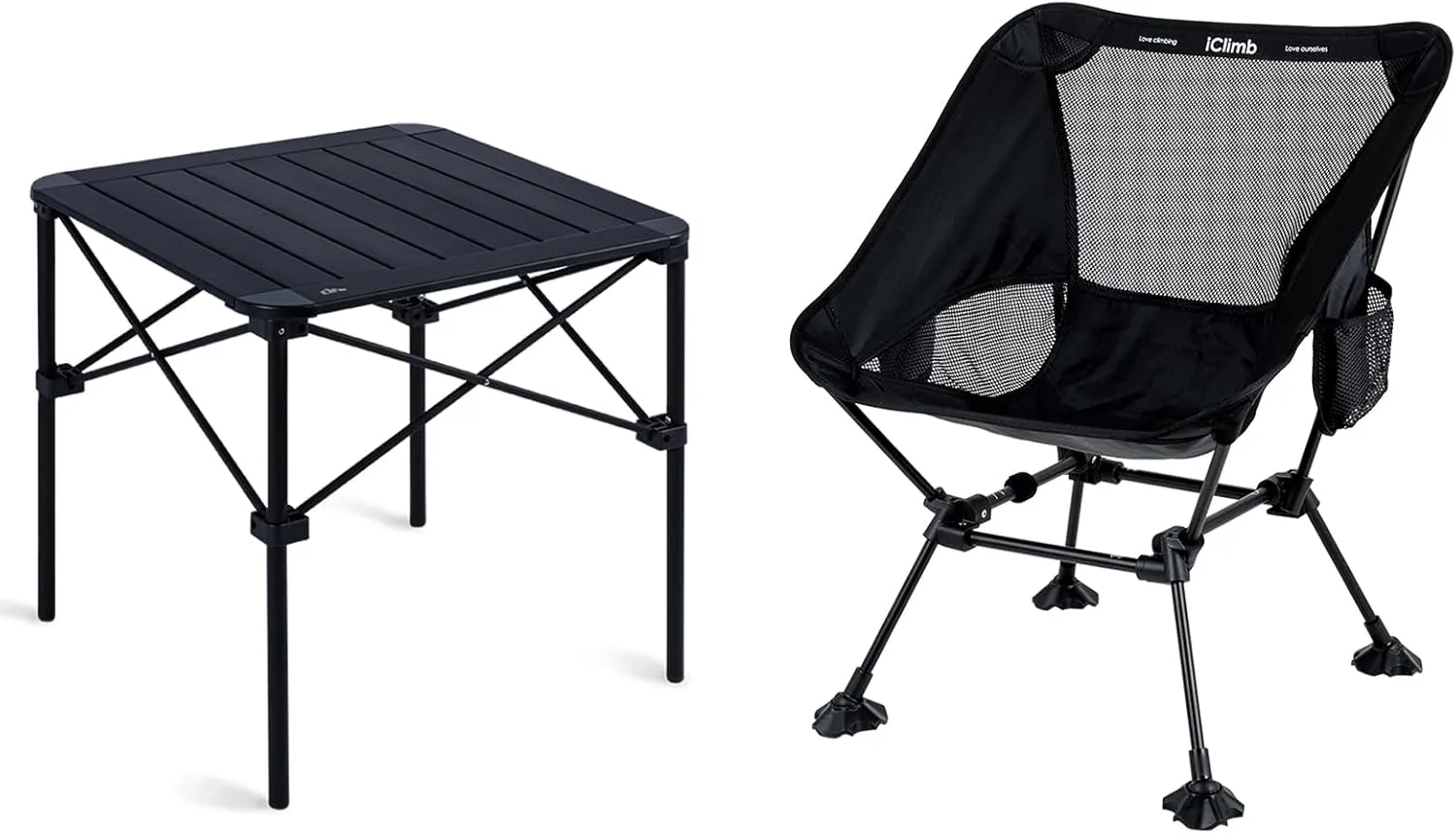 iClimb 1 Light Stable Folding Square Table and 1 Ultralight Compact Anti-Sinking Large Feet Chair Bundle, for Adults Outdoor Camping Glamping Beach Concert BBQ