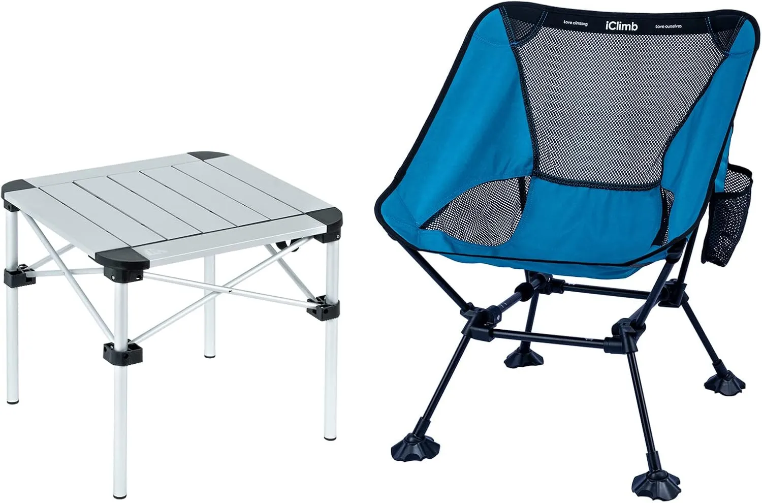 iClimb 1 Ultralight Compact Anti-Sinking Large Feet Chair and 1 Lightweight Stable Folding Square Table Bundle, for Single Adult Outdoor Backpacking Hiking Camping Beach Concert