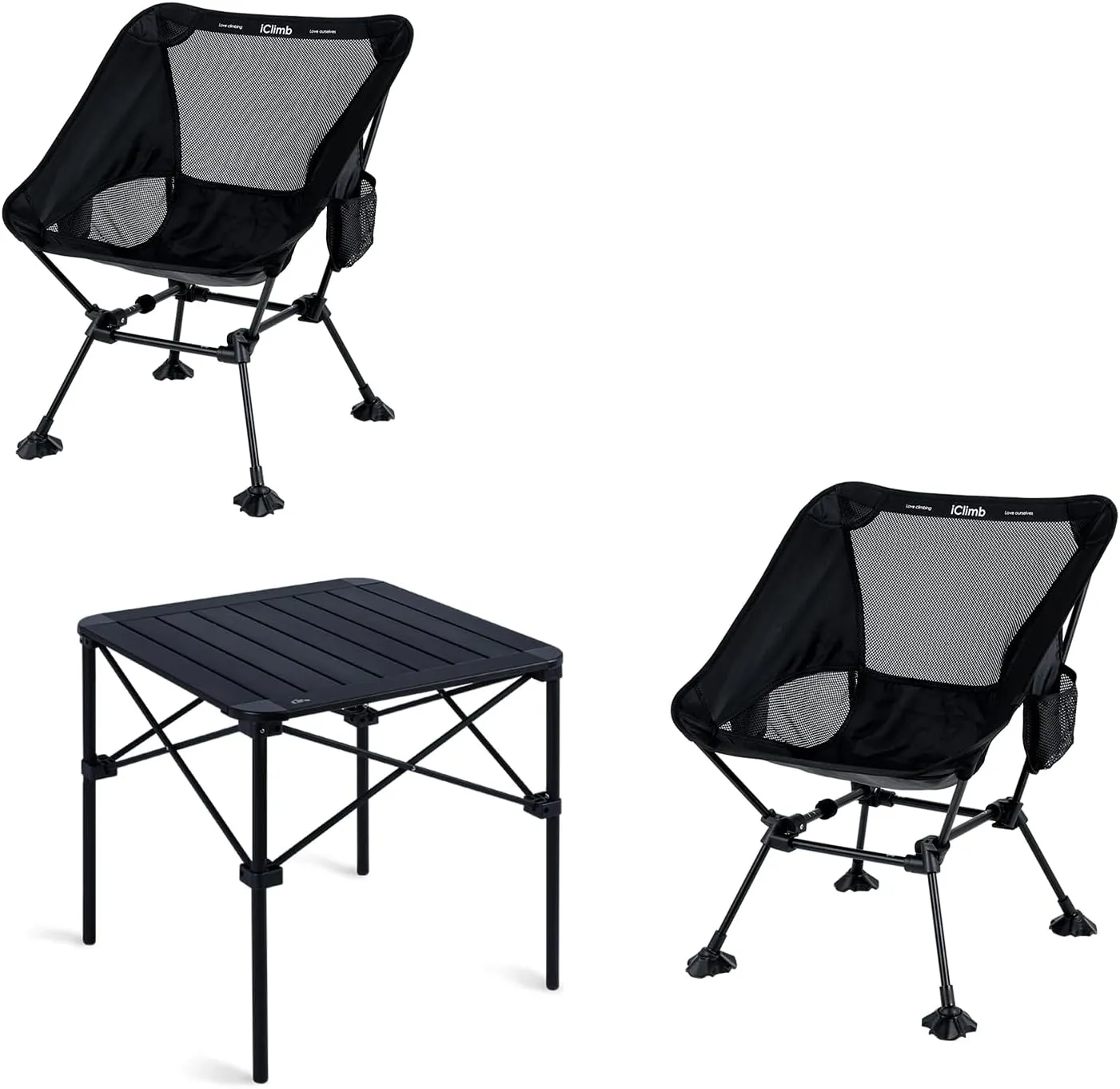 iClimb 2 Ultralight Compact Anti-Sinking Large Feet Chair and 1 Light Stable Folding Square Table Bundle, for Two Adults Outdoor RV Travelling Backpacking Hiking Camping Beach Concert