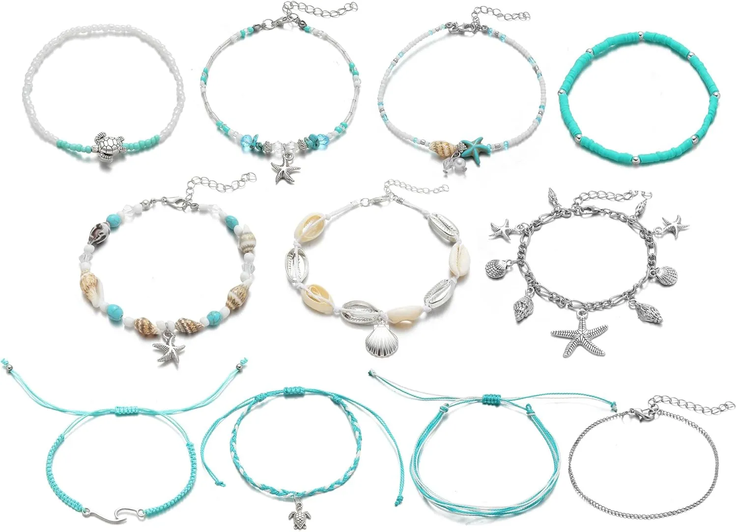 IFKM 11pcs Woven Silver Beach Anklets For Women Adjustable Handmade Surfer Wave Ankle Bracelets Set Beads Starfish Shell Turtle Conch Boho Ankle Foot Jewelry For Summer