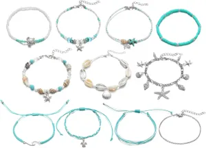 IFKM 11pcs Woven Silver Beach Anklets For Women Adjustable Handmade Surfer Wave Ankle Bracelets Set Beads Starfish Shell Turtle Conch Boho Ankle Foot Jewelry For Summer
