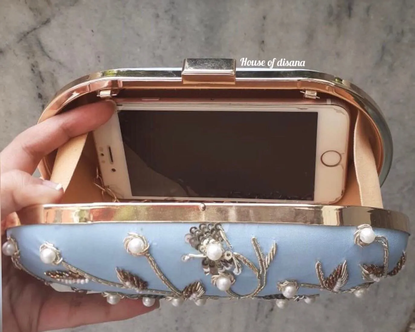 Indian Hand Embroidery Sequins Beaded Clutch Evening Bags for Women Formal Party Wedding Purses - Powder Blue