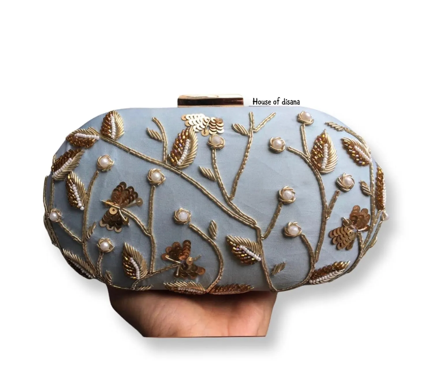 Indian Hand Embroidery Sequins Beaded Clutch Evening Bags for Women Formal Party Wedding Purses - Powder Blue