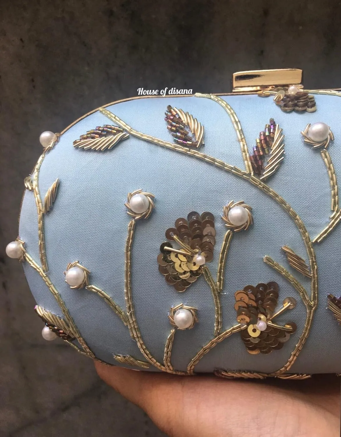 Indian Hand Embroidery Sequins Beaded Clutch Evening Bags for Women Formal Party Wedding Purses - Powder Blue