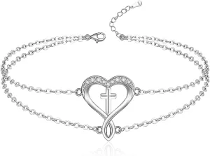 Infinity Anklet Womens 925 Sterling Silver Infinity Ankle Bracelet Cross Heart Anklets Bracelets for Women Endless Love Mother's Day Gift