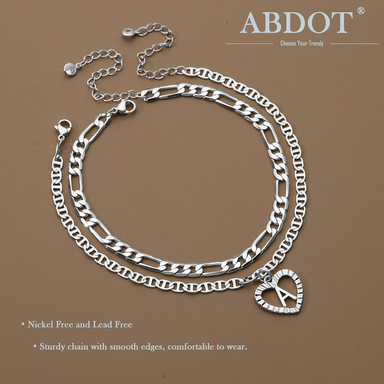 Initial Ankle Bracelets for Women 2pcs 18K Gold Plated Handmade Layered Letter Heart Figaro Chain Flat Mariner Anklets for Women Cute Summer Beach Foot Jewelry