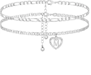 Initial Ankle Bracelets for Women 2pcs 18K Gold Plated Handmade Layered Letter Heart Figaro Chain Flat Mariner Anklets for Women Cute Summer Beach Foot Jewelry