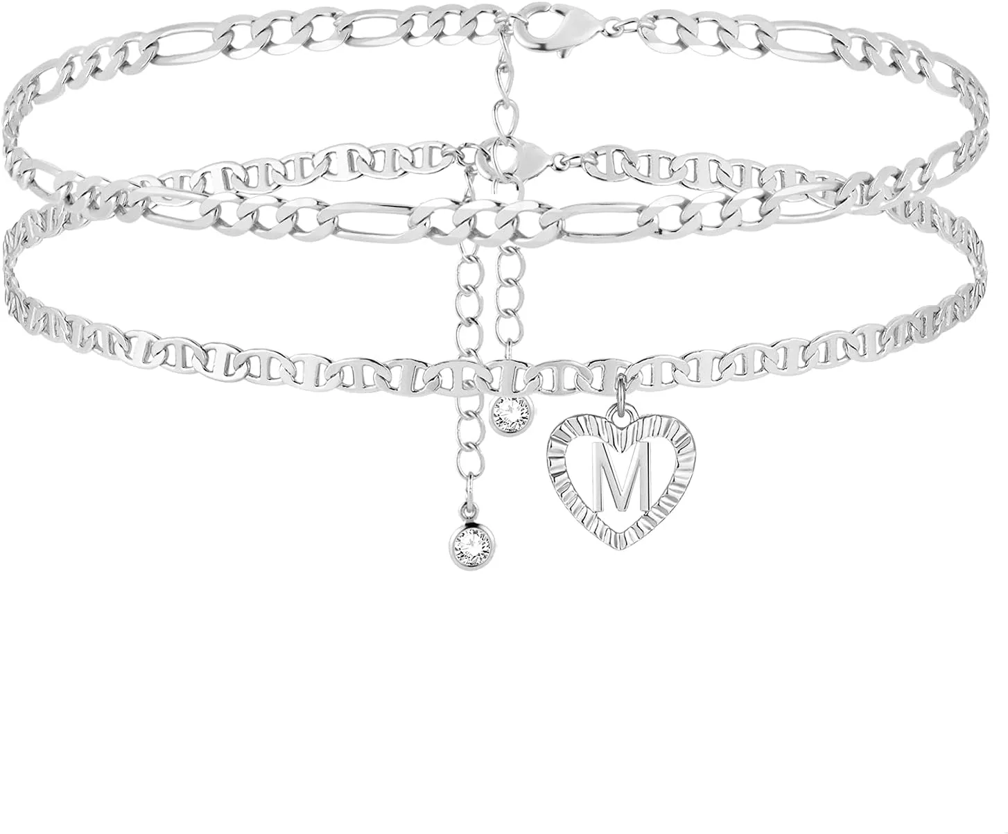 Initial Ankle Bracelets for Women 2pcs 18K Gold Plated Handmade Layered Letter Heart Figaro Chain Flat Mariner Anklets for Women Cute Summer Beach Foot Jewelry