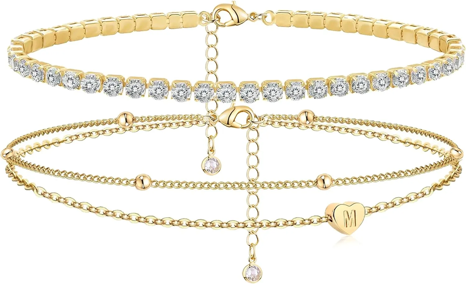 Initial Ankle Bracelets for Women, Dainty Gold Layered Heart CZ Bead Anklets, 14K Gold Plated Waterproof Summer Beach Jewelry Set