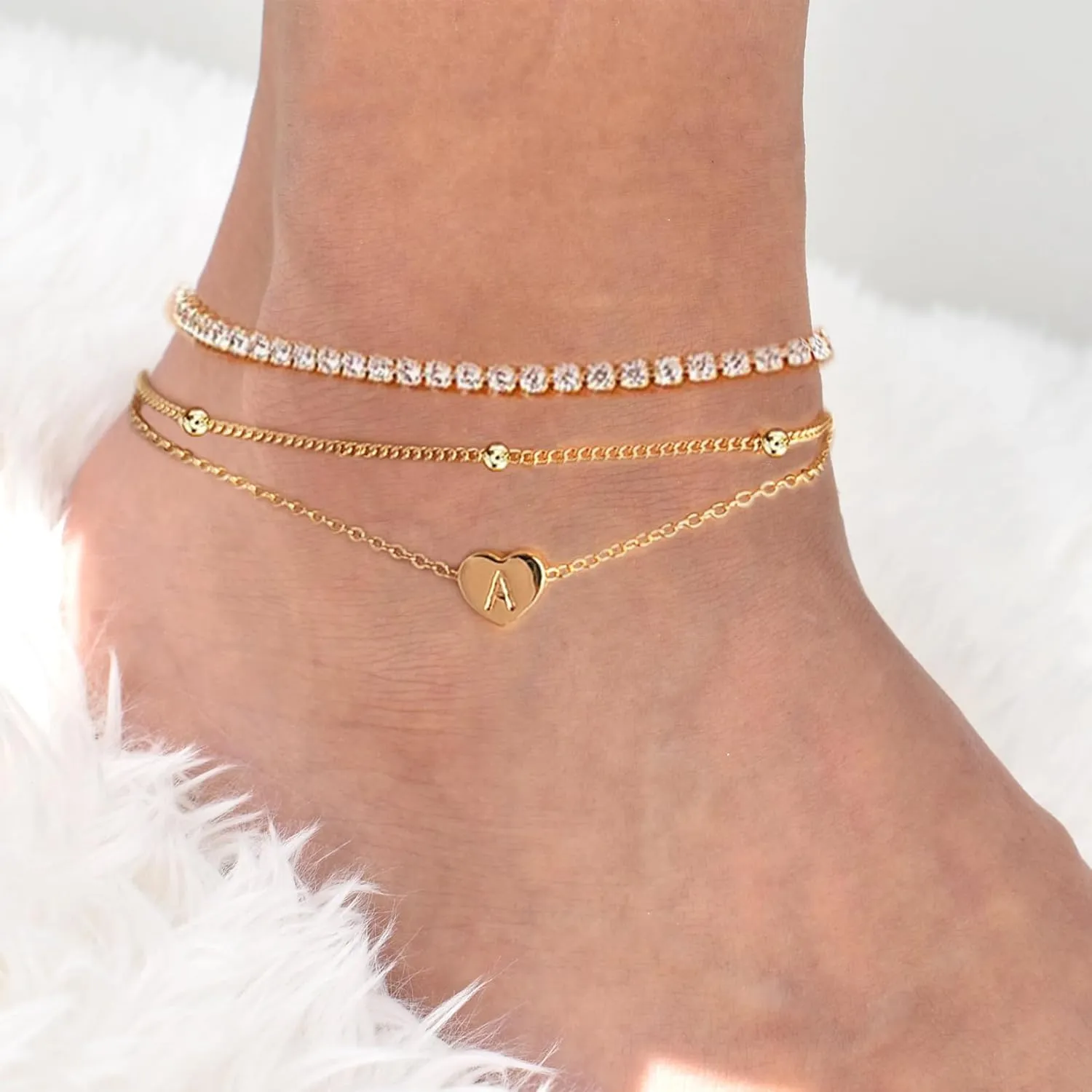 Initial Ankle Bracelets for Women, Dainty Gold Layered Heart CZ Bead Anklets, 14K Gold Plated Waterproof Summer Beach Jewelry Set