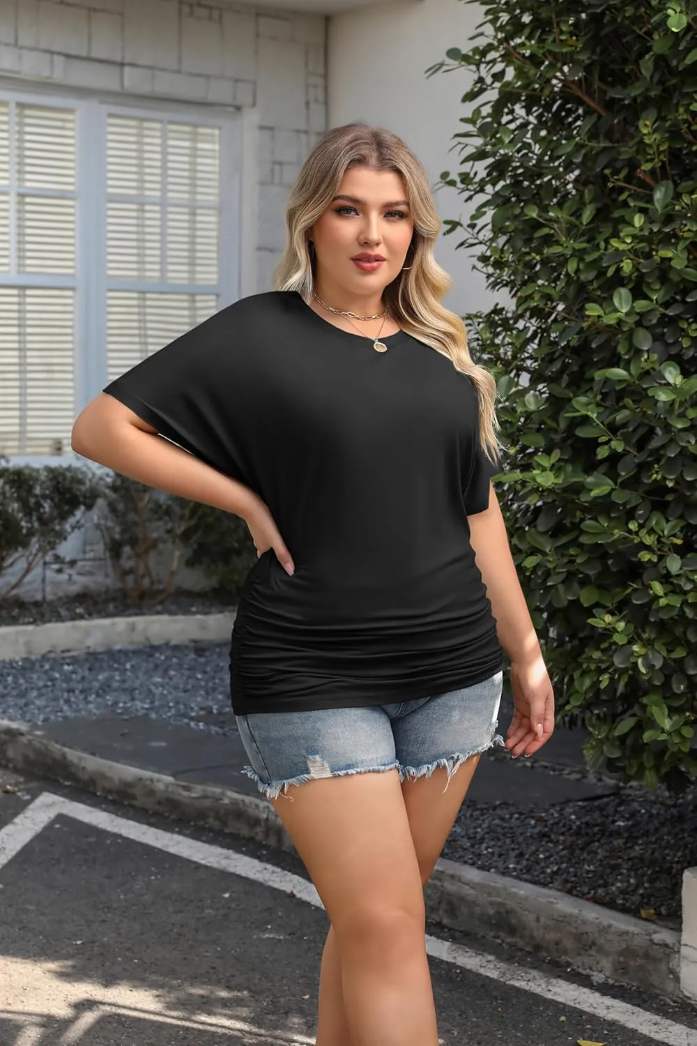 IN'VOLAND Women's Plus Size Casual Short Sleeve Dolman Top Boat Neck T Shirts