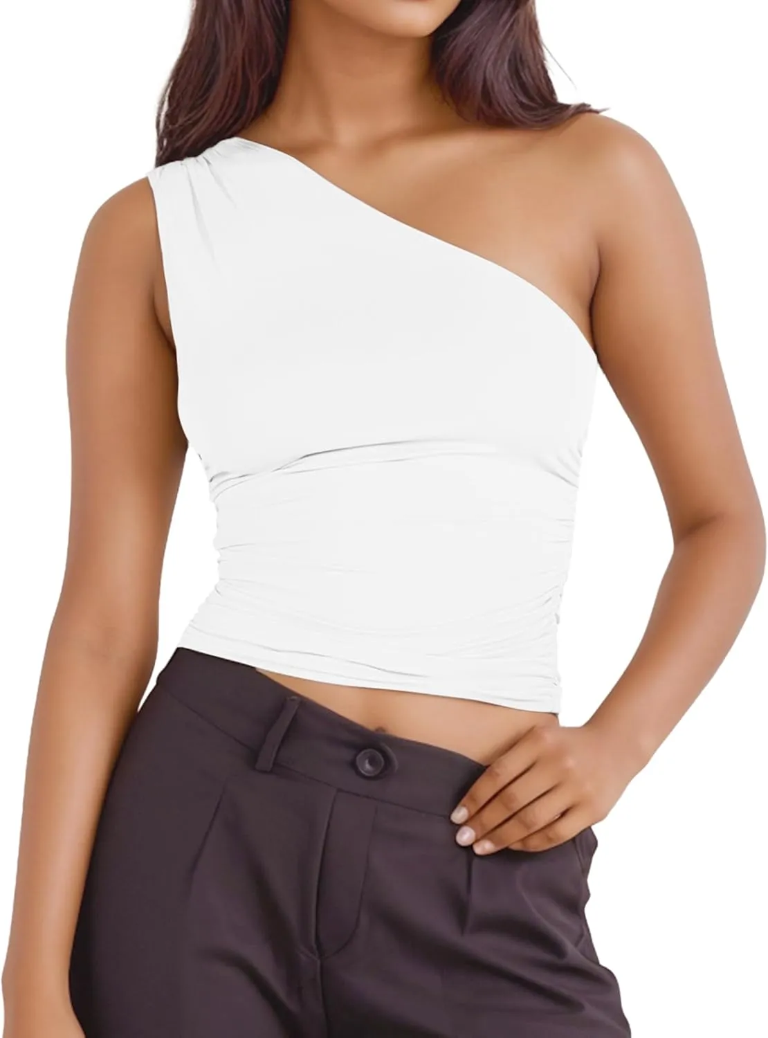 ISZPLUSH Womens Sleeveless One Shoulder Tank Top Y2K Ruched Slim Fitted Tee Shirt Sexy Crop Camisole Solid Going Out