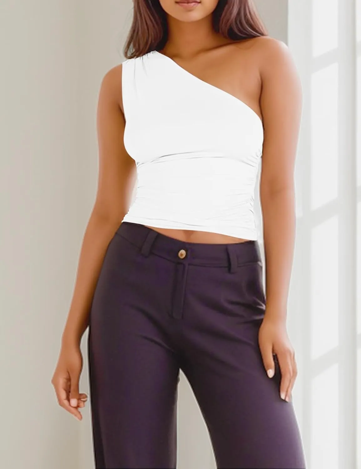 ISZPLUSH Womens Sleeveless One Shoulder Tank Top Y2K Ruched Slim Fitted Tee Shirt Sexy Crop Camisole Solid Going Out
