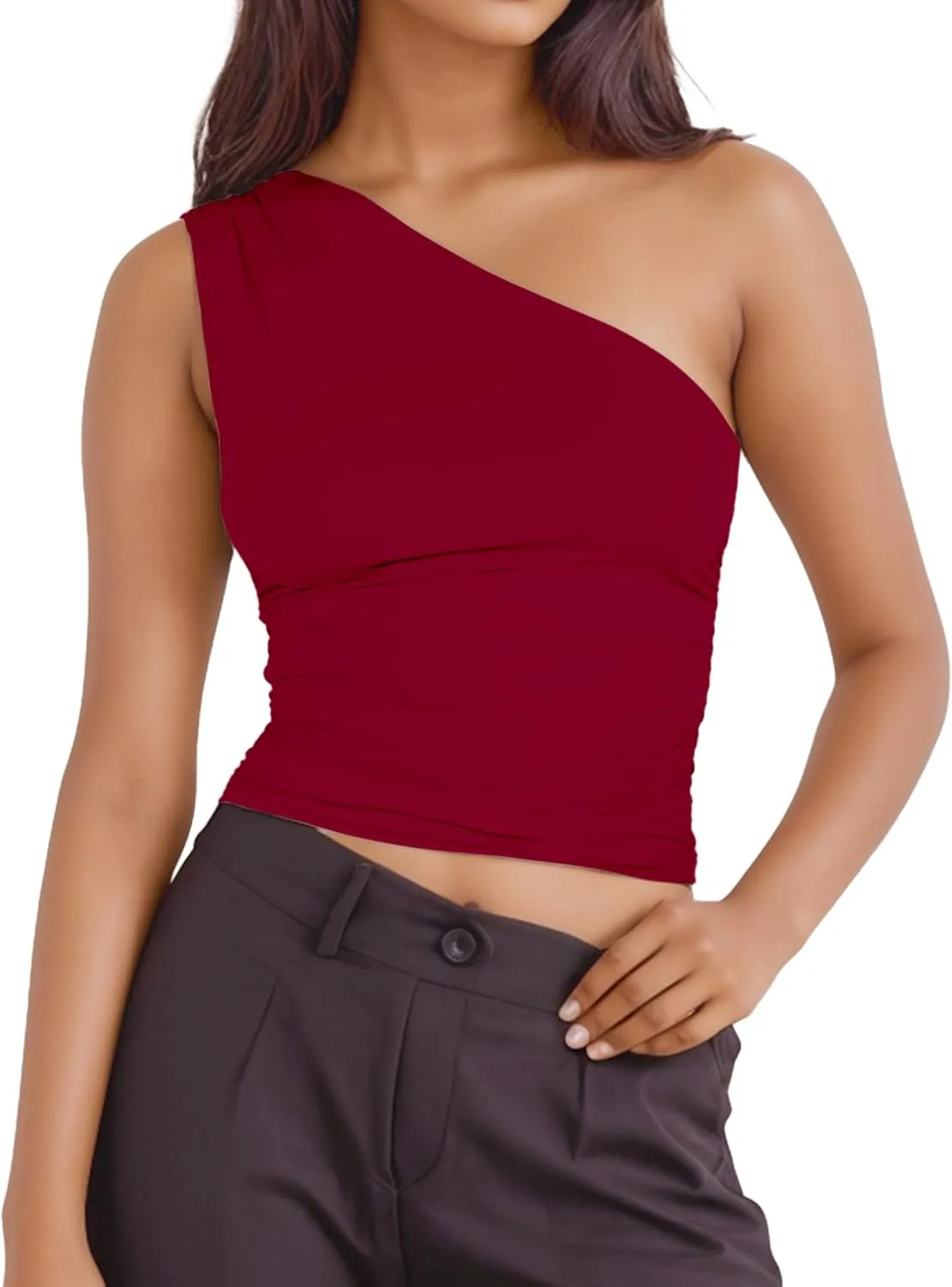 ISZPLUSH Womens Sleeveless One Shoulder Tank Top Y2K Ruched Slim Fitted Tee Shirt Sexy Crop Camisole Solid Going Out