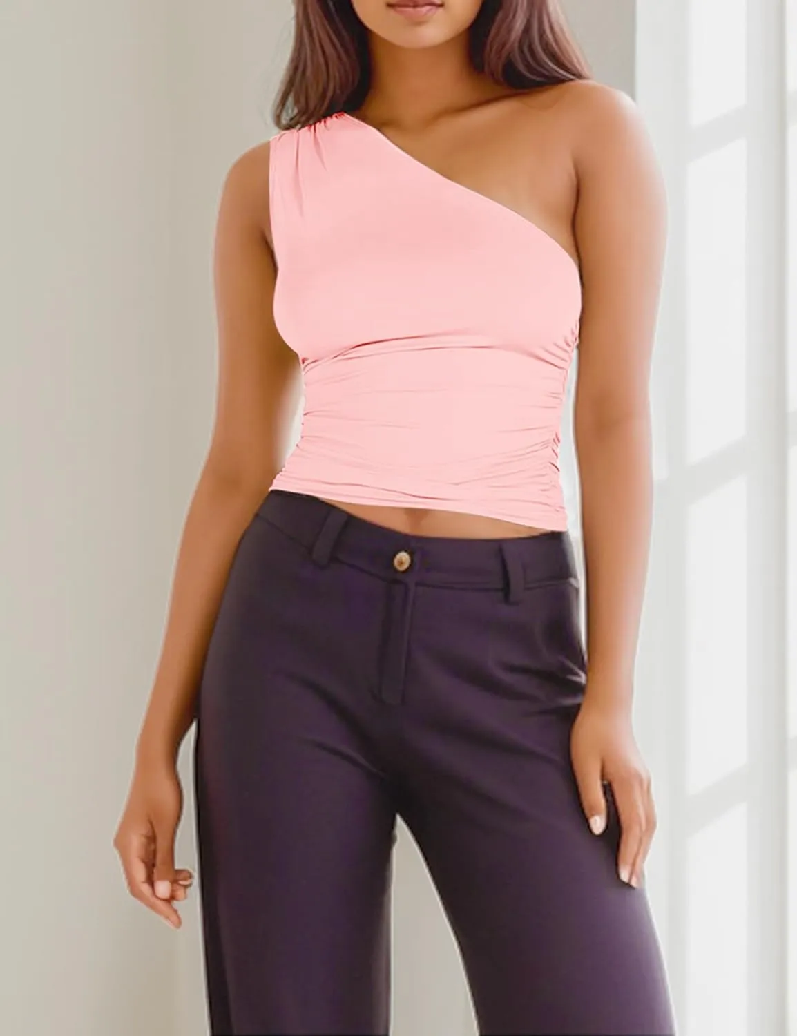 ISZPLUSH Womens Sleeveless One Shoulder Tank Top Y2K Ruched Slim Fitted Tee Shirt Sexy Crop Camisole Solid Going Out