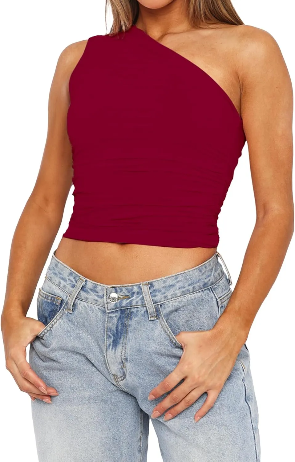 ISZPLUSH Womens Sleeveless One Shoulder Tank Top Y2K Ruched Slim Fitted Tee Shirt Sexy Crop Camisole Solid Going Out