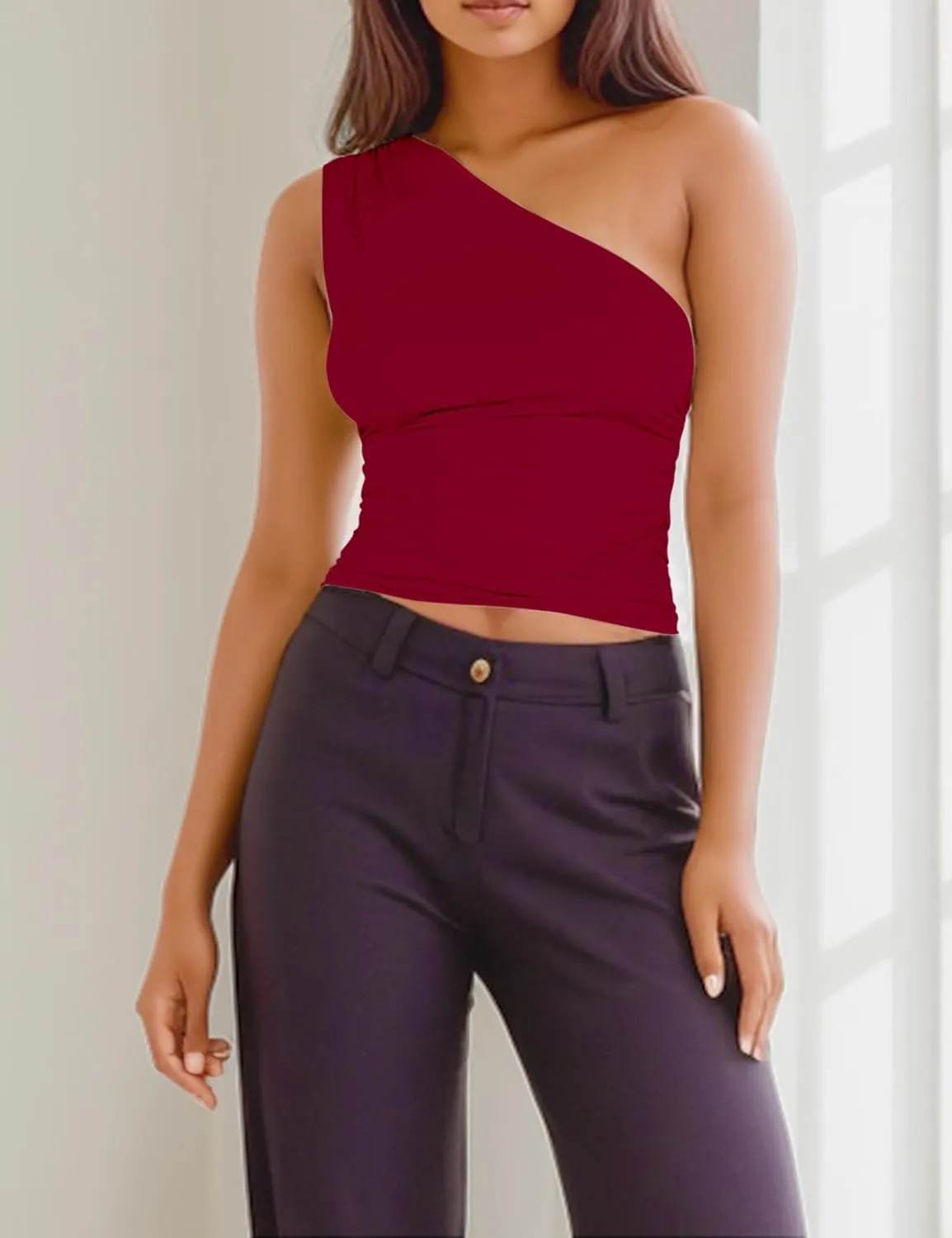 ISZPLUSH Womens Sleeveless One Shoulder Tank Top Y2K Ruched Slim Fitted Tee Shirt Sexy Crop Camisole Solid Going Out