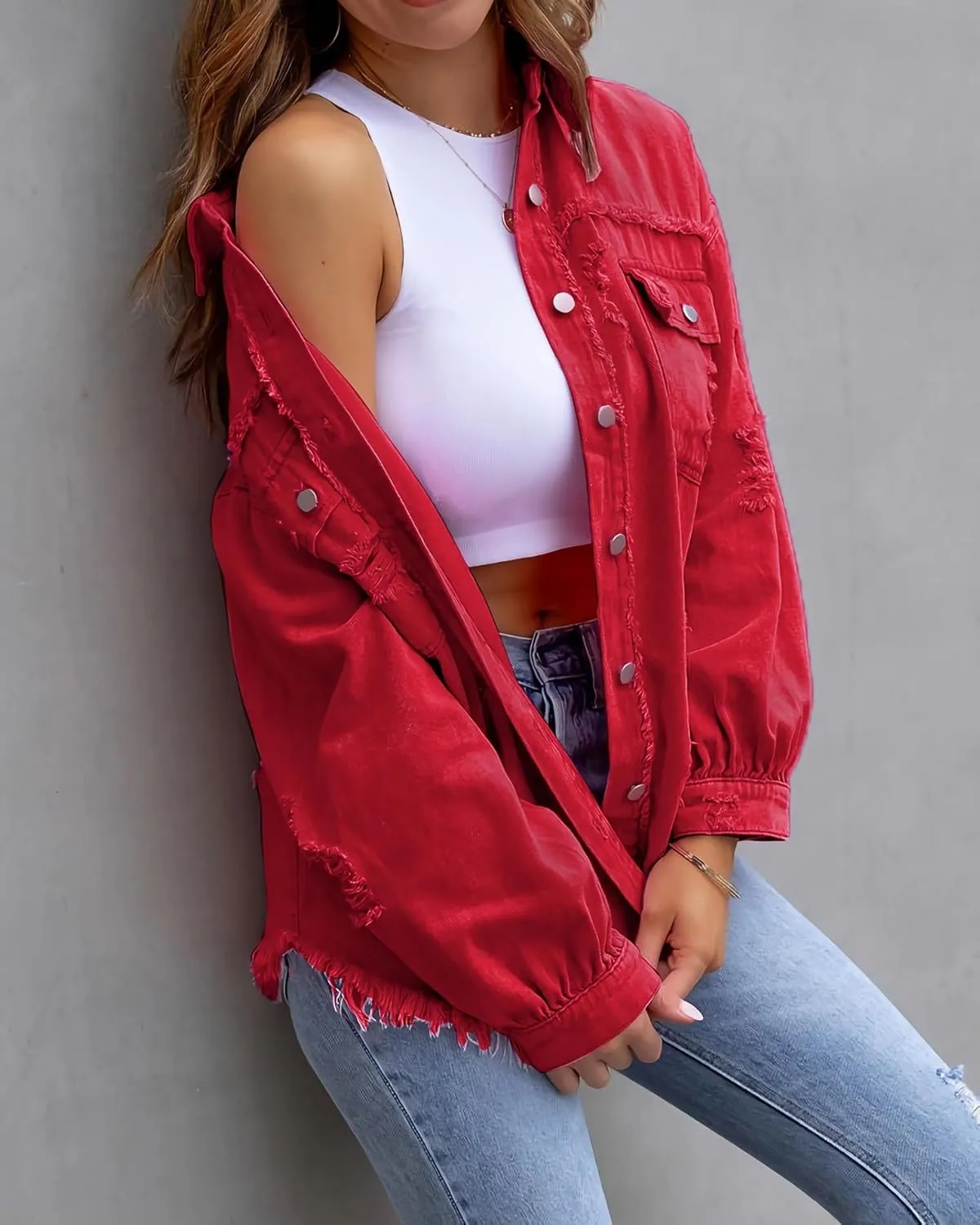 Jean Jacket for Women fashion Denim Ripped Distressed Jacker for Womens Coat Long Sleeve