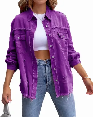 Jean Jacket for Women fashion Denim Ripped Distressed Jacker for Womens Coat Long Sleeve