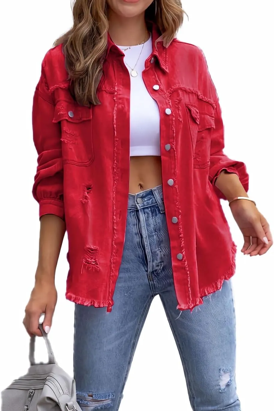 Jean Jacket for Women fashion Denim Ripped Distressed Jacker for Womens Coat Long Sleeve