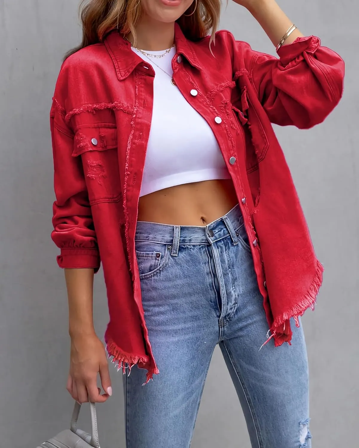 Jean Jacket for Women fashion Denim Ripped Distressed Jacker for Womens Coat Long Sleeve