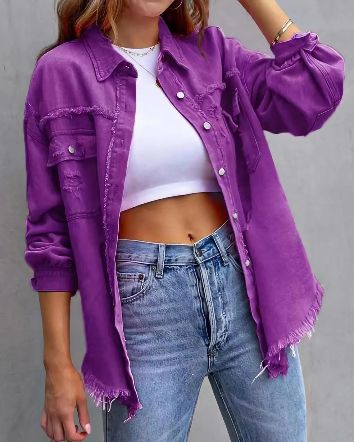 Jean Jacket for Women fashion Denim Ripped Distressed Jacker for Womens Coat Long Sleeve