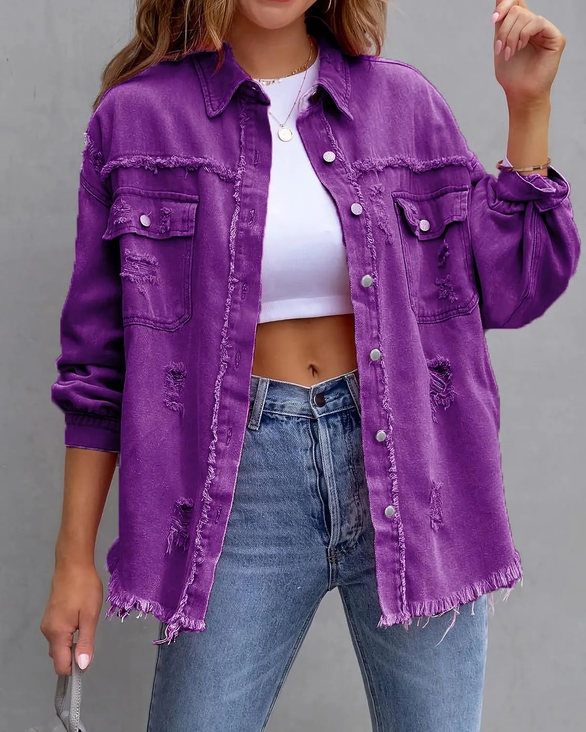 Jean Jacket for Women fashion Denim Ripped Distressed Jacker for Womens Coat Long Sleeve