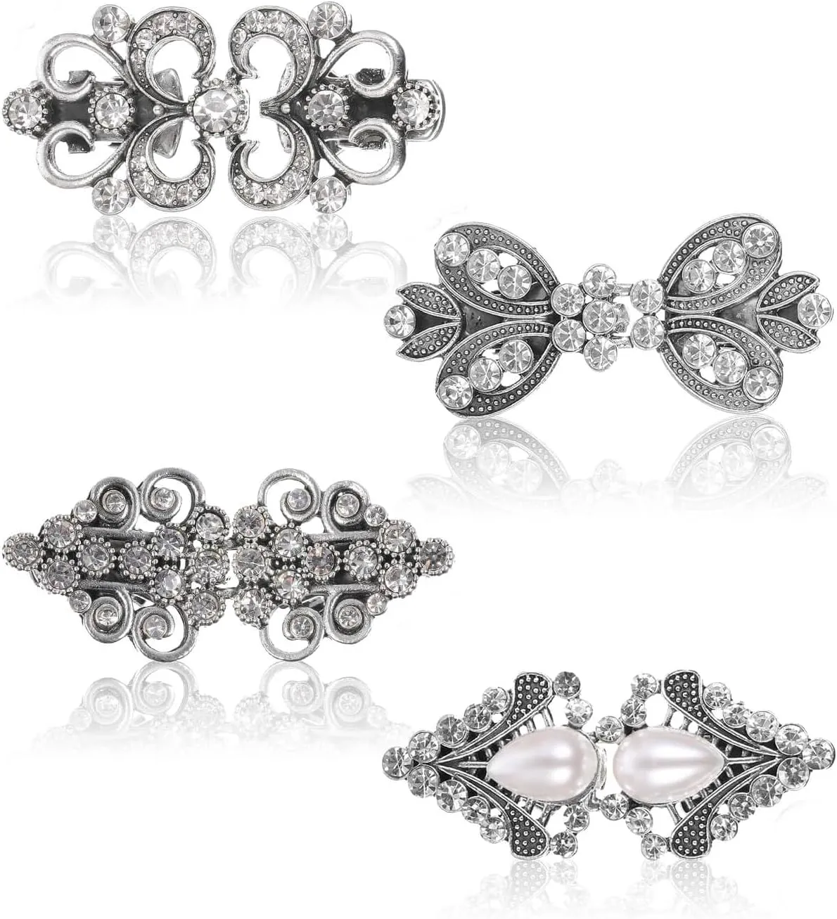 JELIEE 4 PCS Sweater Shawl Clips Dress Clip Cloak Clasp Shawl Clip Vintage Cardigan Clip Retro Cloak Brooches Silver Shawl Pins Back Cinch Rhinestone Shawl Shirt Cardigan Scarf Cinch Clips for Women