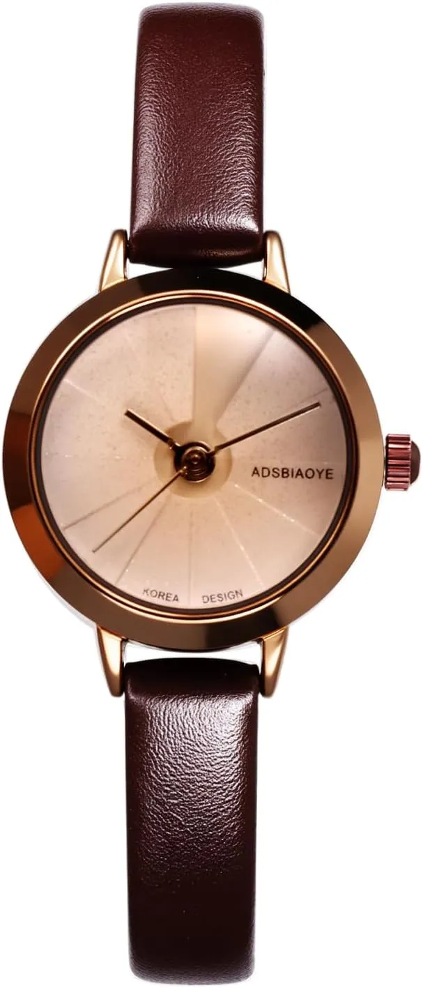 JewelryWe Women Genuine Leather Watch: Elegant Small Round Dial Analog Quartz Watches Simple Bar-Shaped Markers Wristwatch