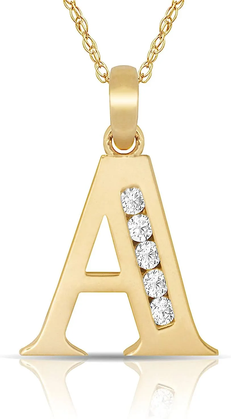 JewelryWeb - Solid 14k Yellow Gold 18" Small Channel-set (A-Z) Cubic Zirconia Initial Pendant Necklace - 7mm x 14mm - Personalized Necklace for Women - Letter Necklace - Sterling Silver Chain