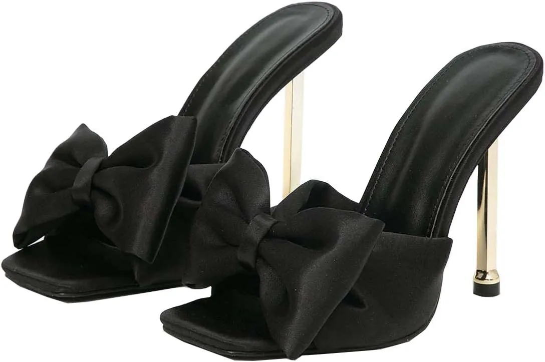 JOEupin Women's Square Toe Bow Knot Backless Slides Slip On Mules Stilettos Wedding Party Dress Mule Sandals