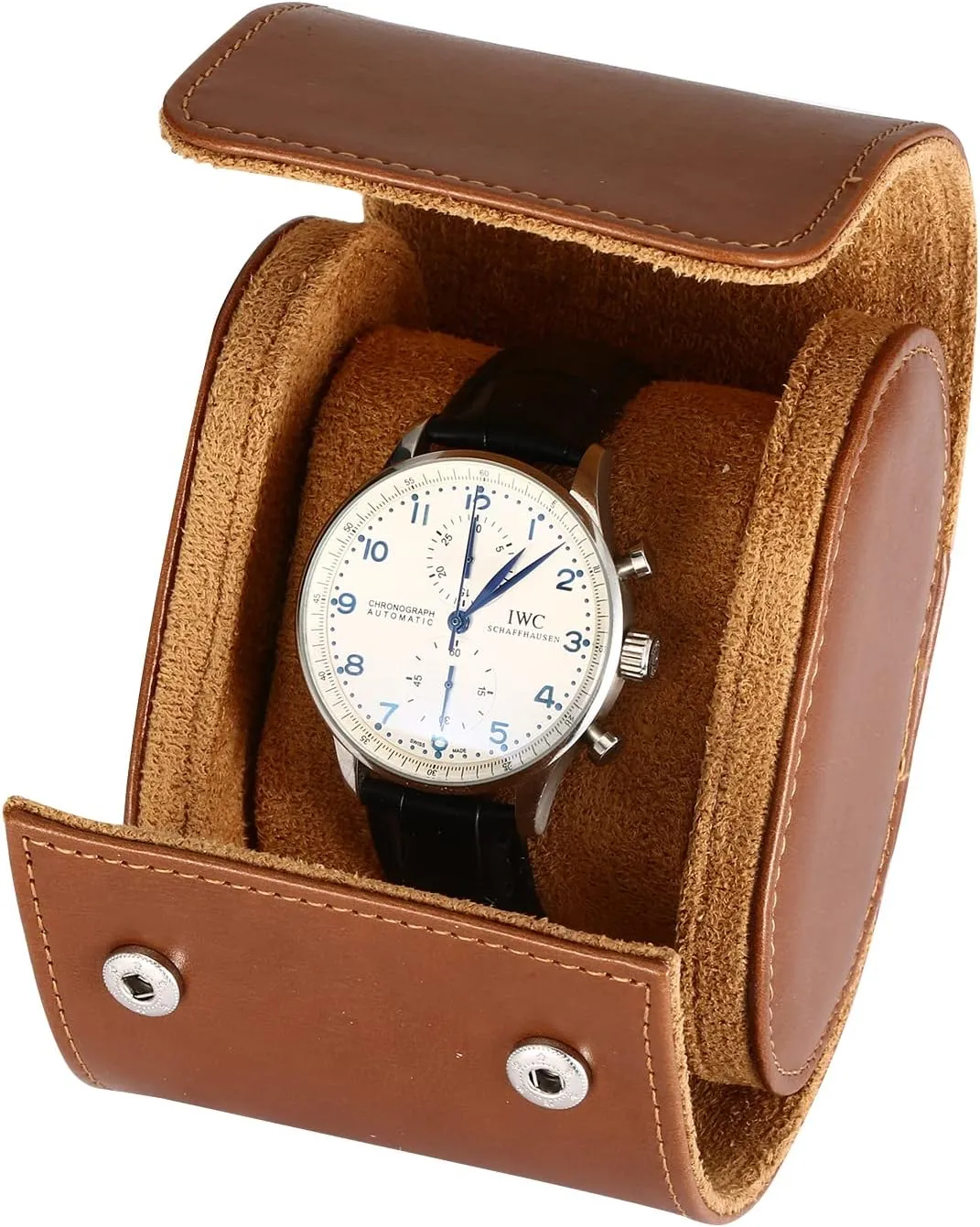 JQUEEN Watch Travel Roll Case for Men, Classic Brown Leather Watch Display Case Roll with Lined in Comfortable Suede, Removable Watch Pillow, Birthday Gifts for Men or Women